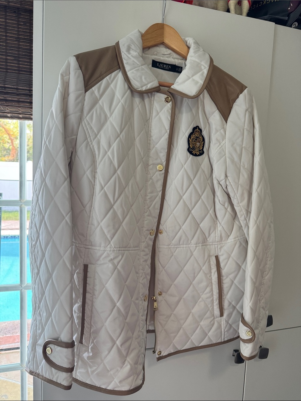 Ralph Lauren Cream Quilted Puffer Jacket with Tan Trim and Crest